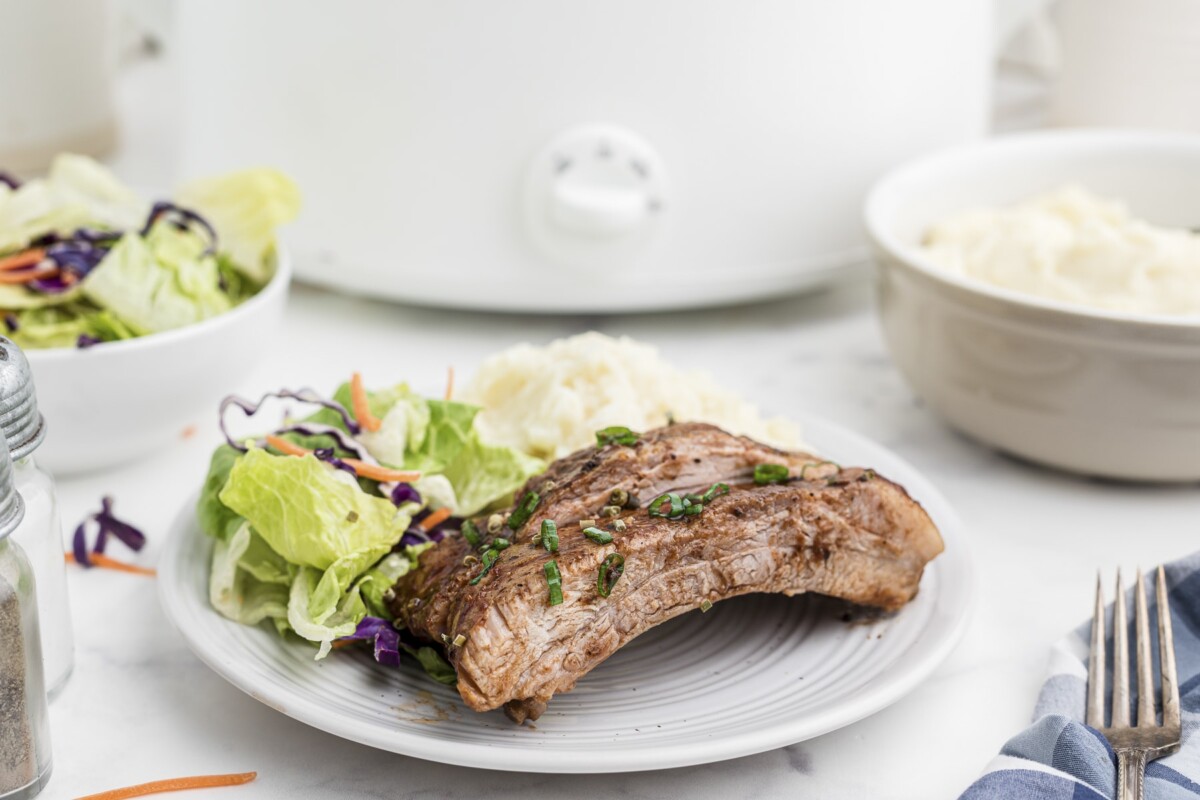 rib on plate with mashed potatoes and salad.