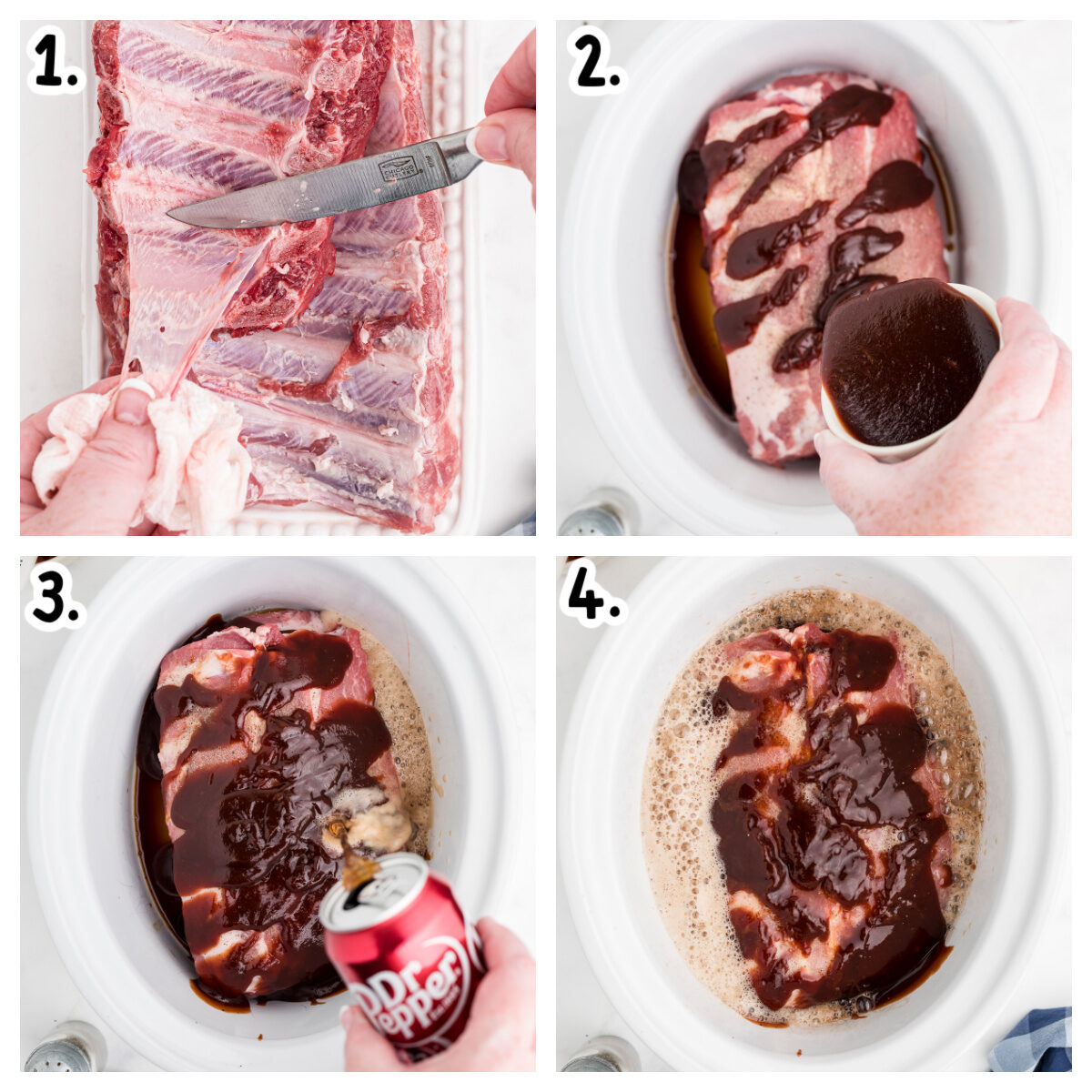 four image collage of how to add ingredients for slow cooker for dr. pepper ribs.