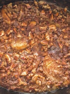 close up of cooked french toast casserole in slow cooker.