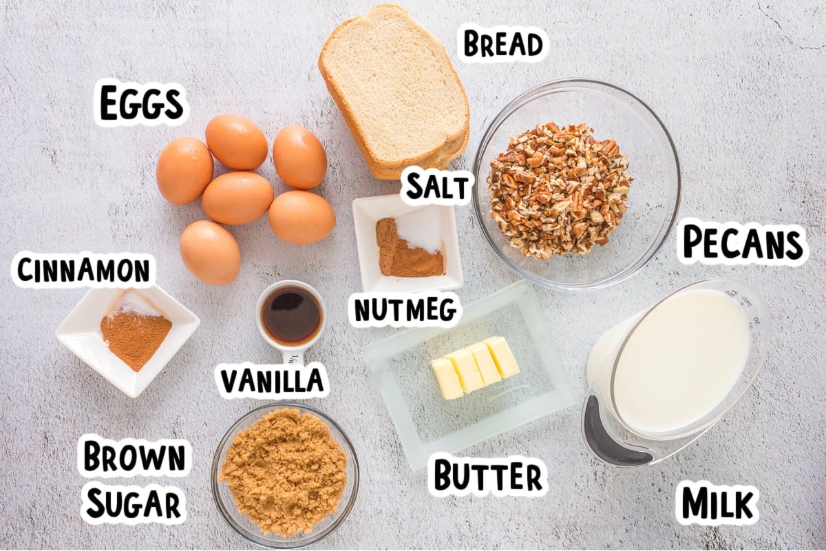 ingredients for french toast casserole with text overlay.