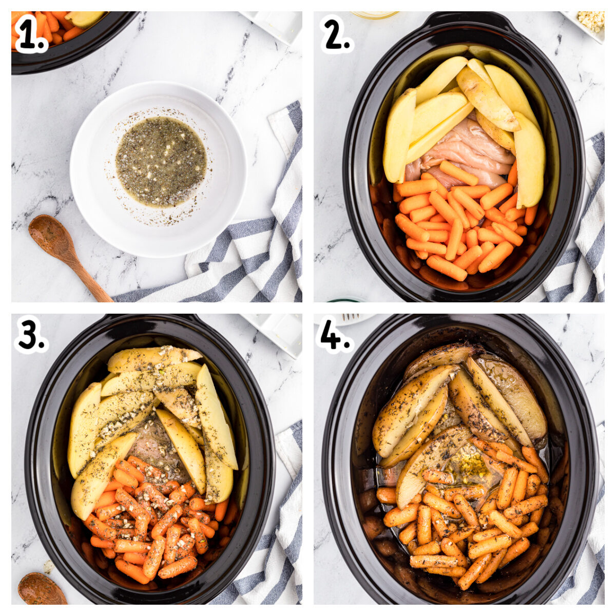 4 steps on how to add chicken, vegetables and garlic butter sauce to slow cooker.