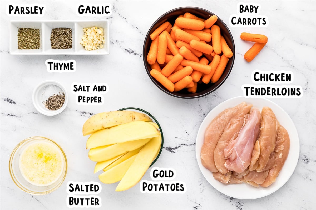 Ingredients for garlic butter chicken and vegetables on table.