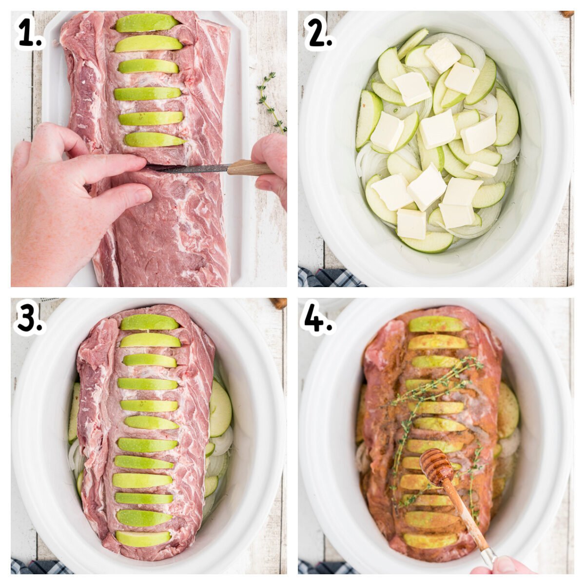 collage about how to add apples to pork loin and then add the other ingredients to slow cooker.