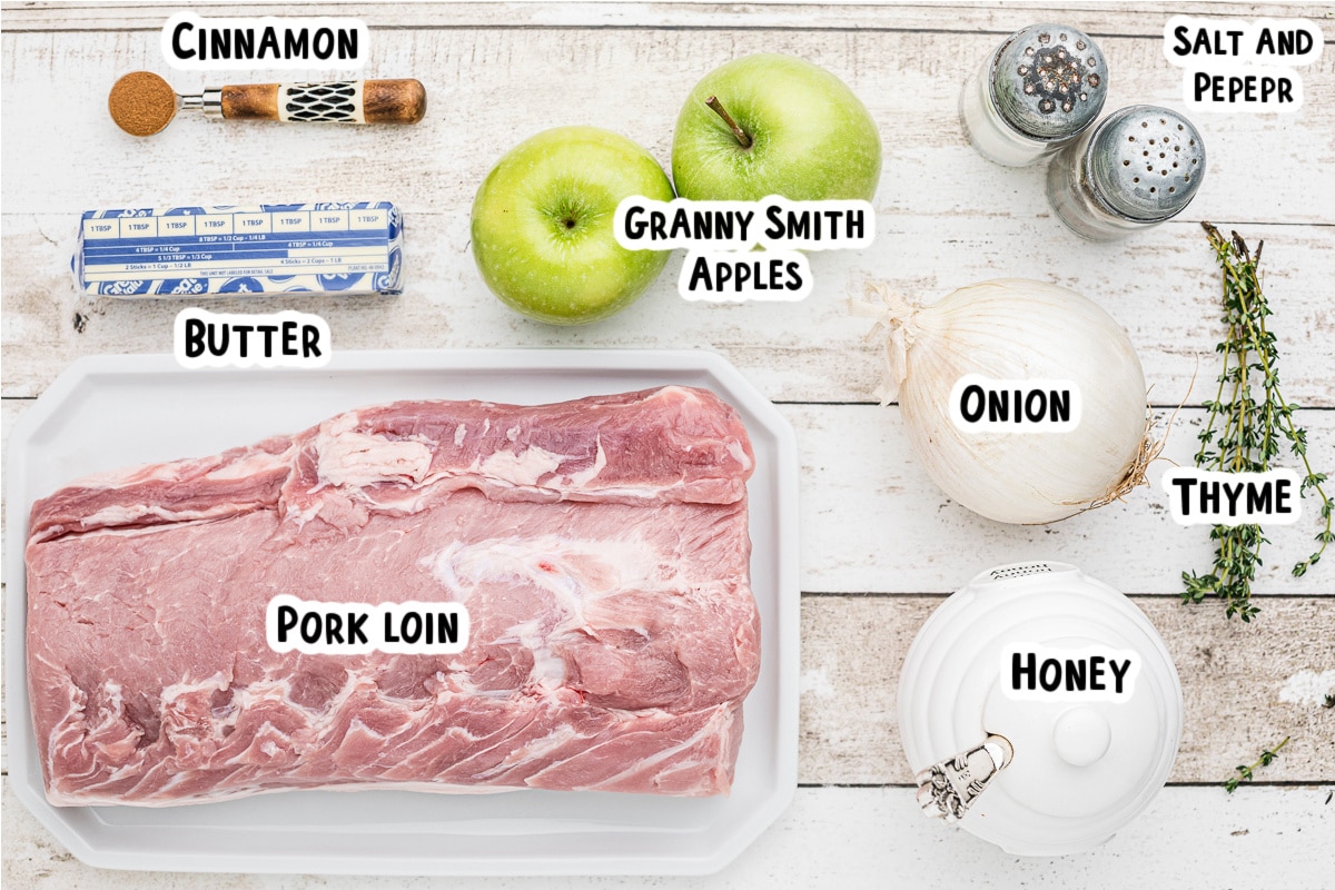 ingredients for honey apple pork on table.