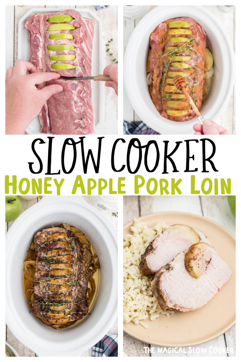 collage of honey apple pork loin images with text overlay for pinterest.