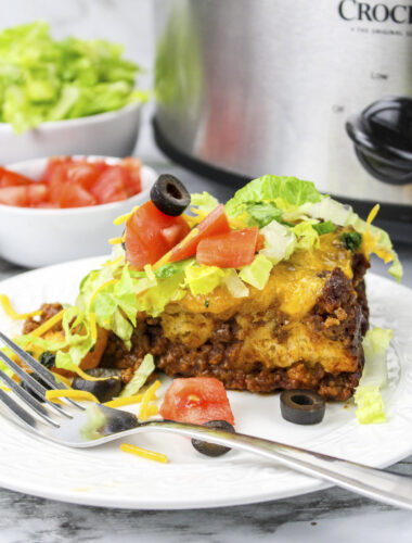 Side view of a slice of bubble up casserole (mexican style).