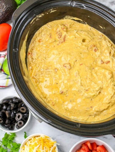 chicken in queso sauce in crockpot.