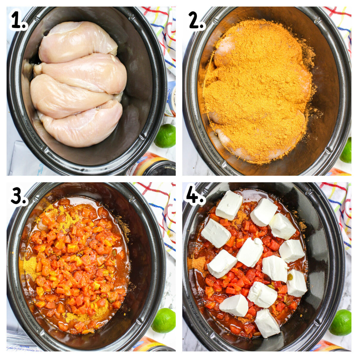 Four images on how to add ingredients for queso chicken to slow cooker.