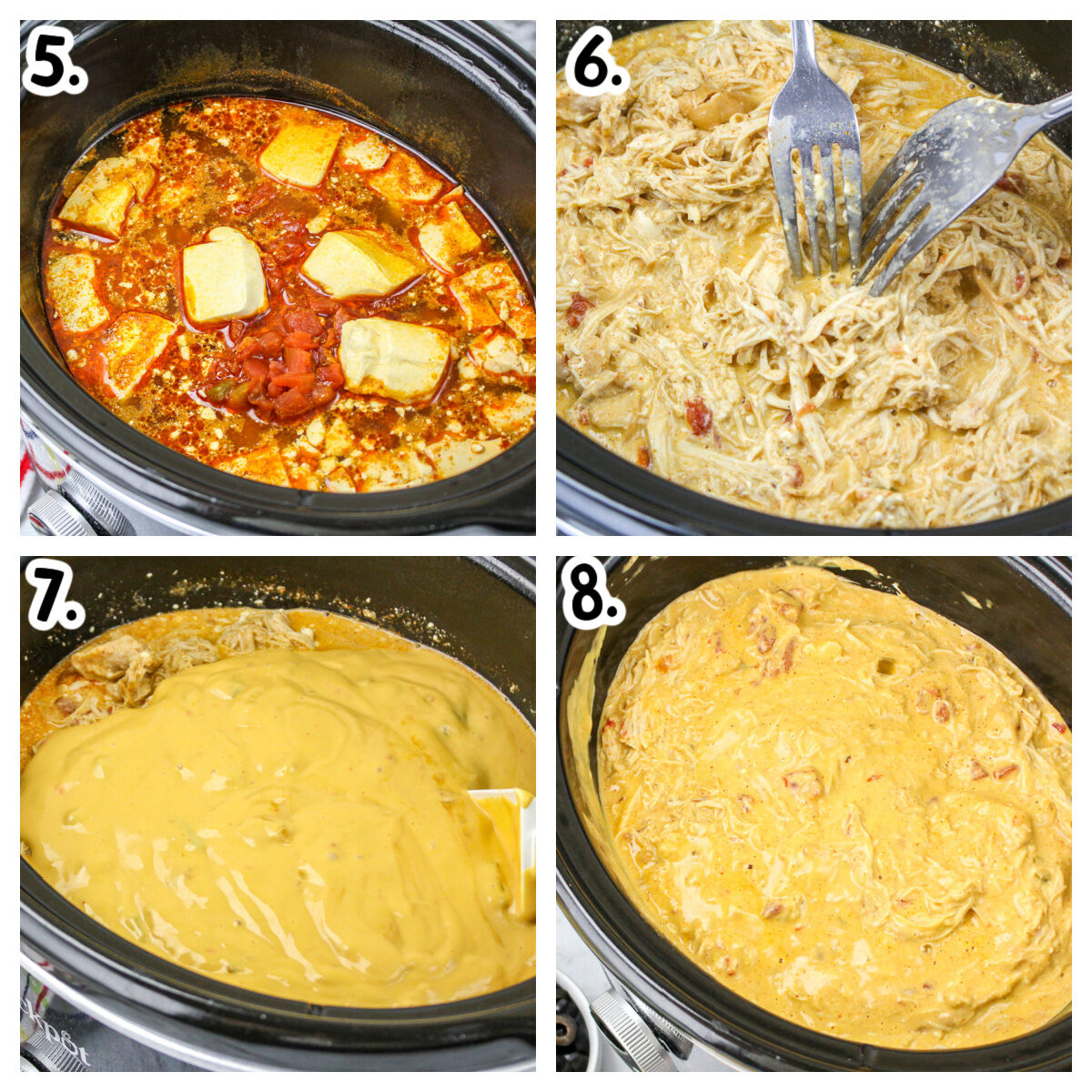 collage about how to shred chicken and add queso to the chicken, tomatoes and cream cheese.