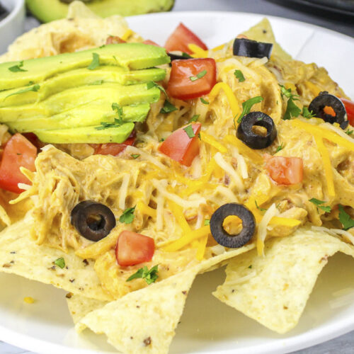 close up of queso chicken nachos.