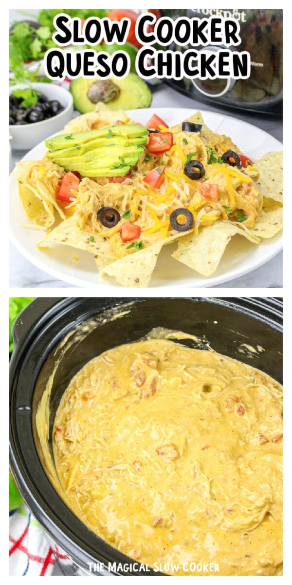 Long image of queso chicken with text overlay.