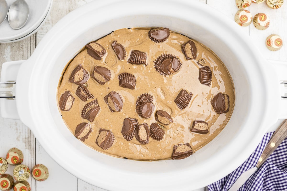 overhead shot of reese's peanut butter cake.