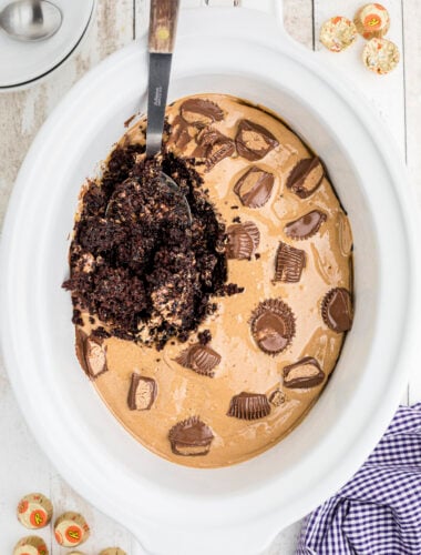 peanut butter cake with spoon in it.