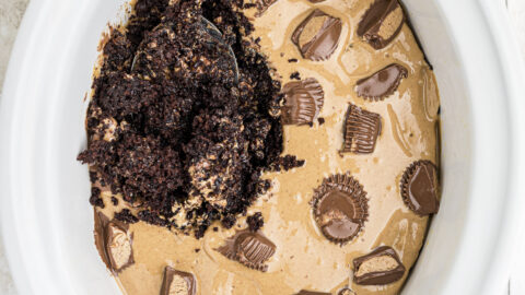 peanut butter cake with spoon in it.