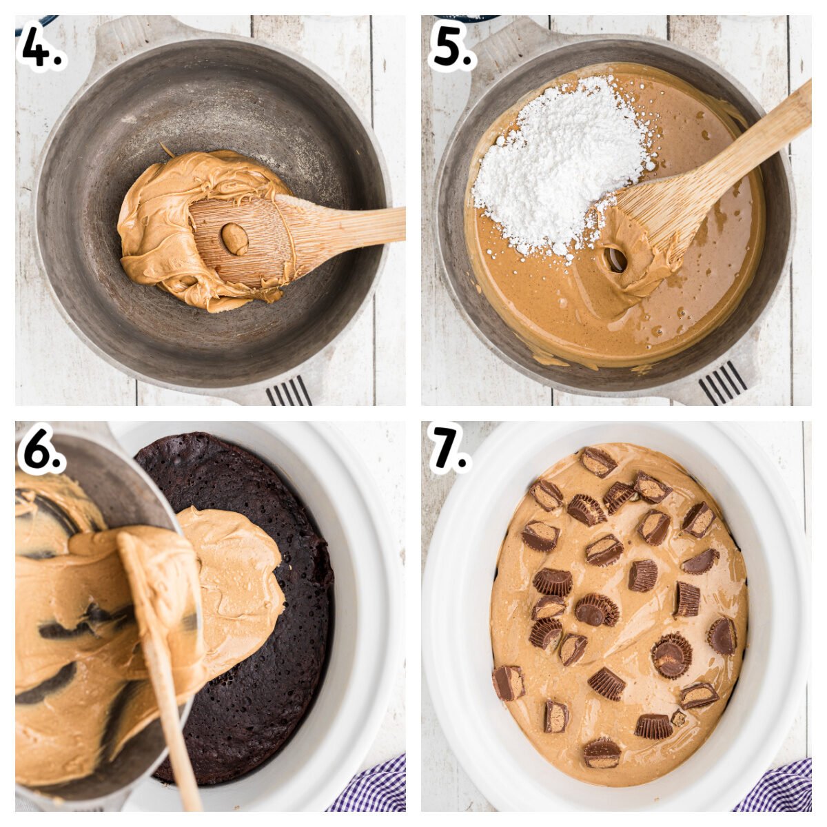 four images about how to make and add peanut butter frosting to cake.