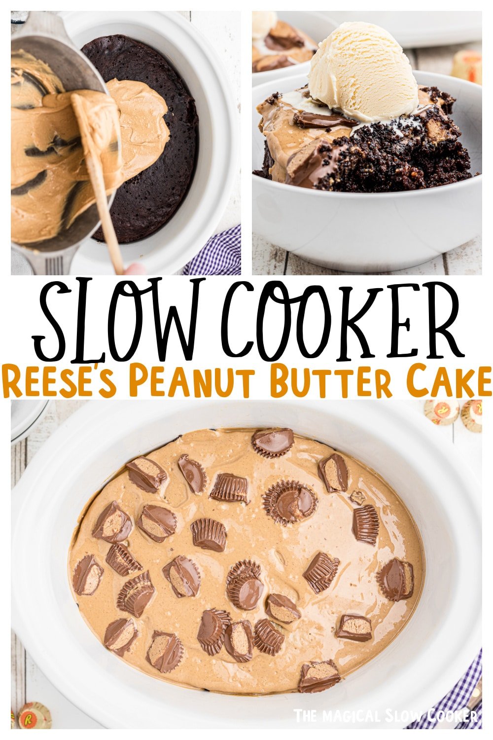 collage of peanut butter cake images with text for pinterest.
