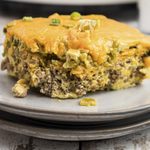 close up of green chile egg casserole on a plate.