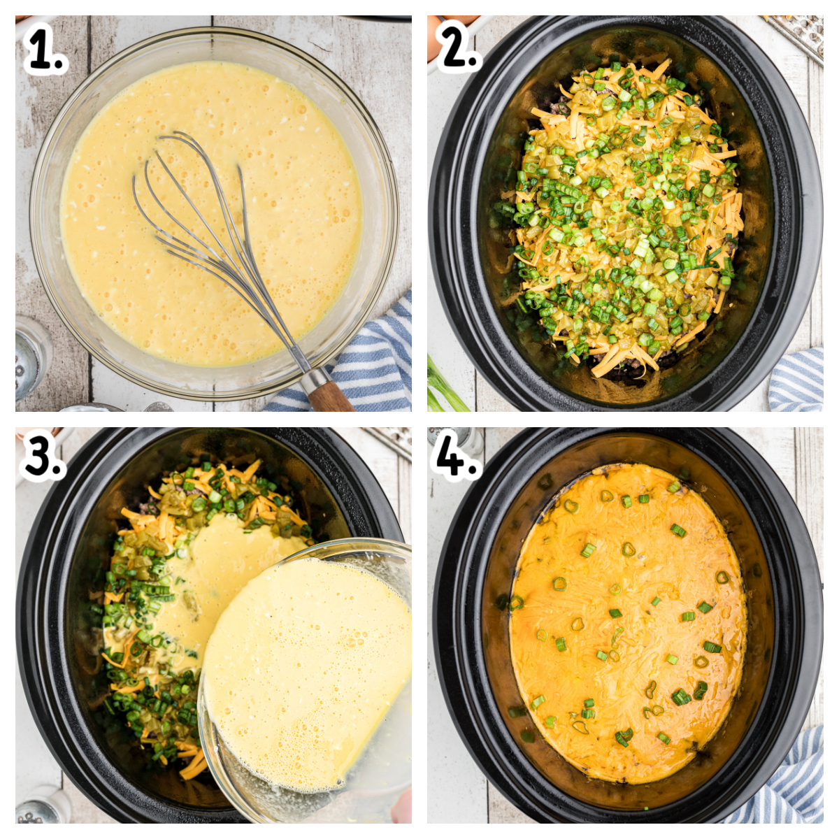 4 image collage about how to add egg and ingredients to slow cooker.
