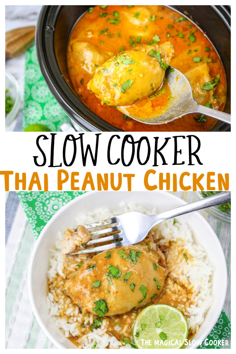 collage of thai peanut chicken images with text overlay for pinterest.