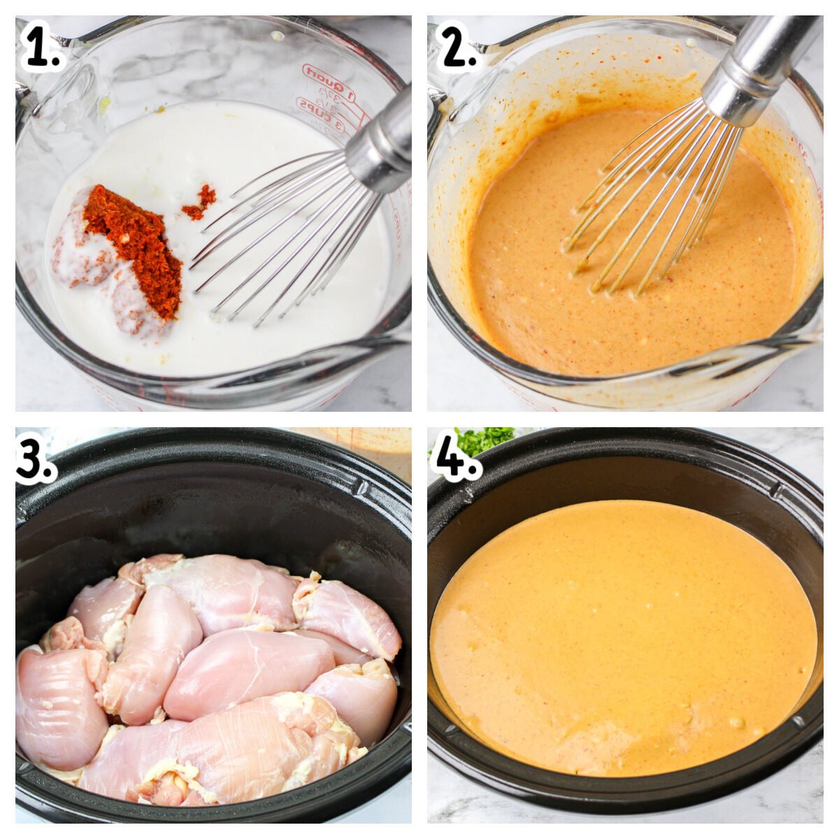 collage on how to add ingredients to crockpot for thai chicken.