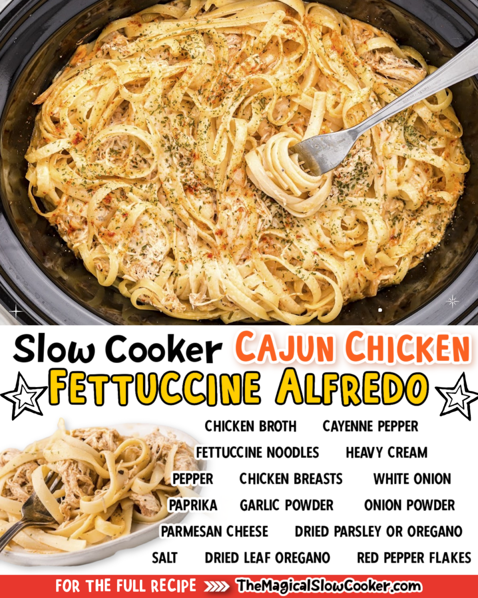 collage of cajun fettucine images with text of ingredients.