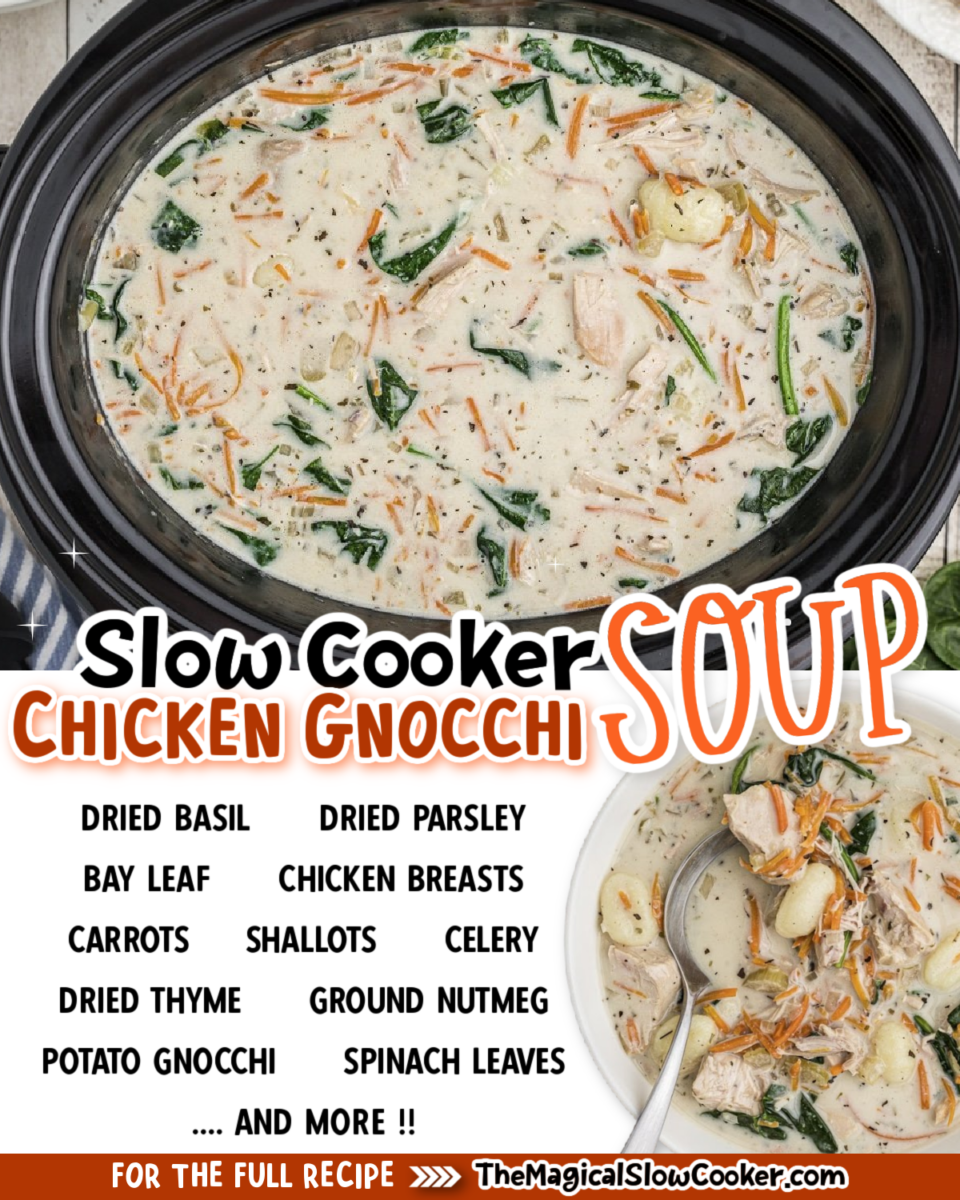 collage of chicken gnocchi soup with text of ingredients.