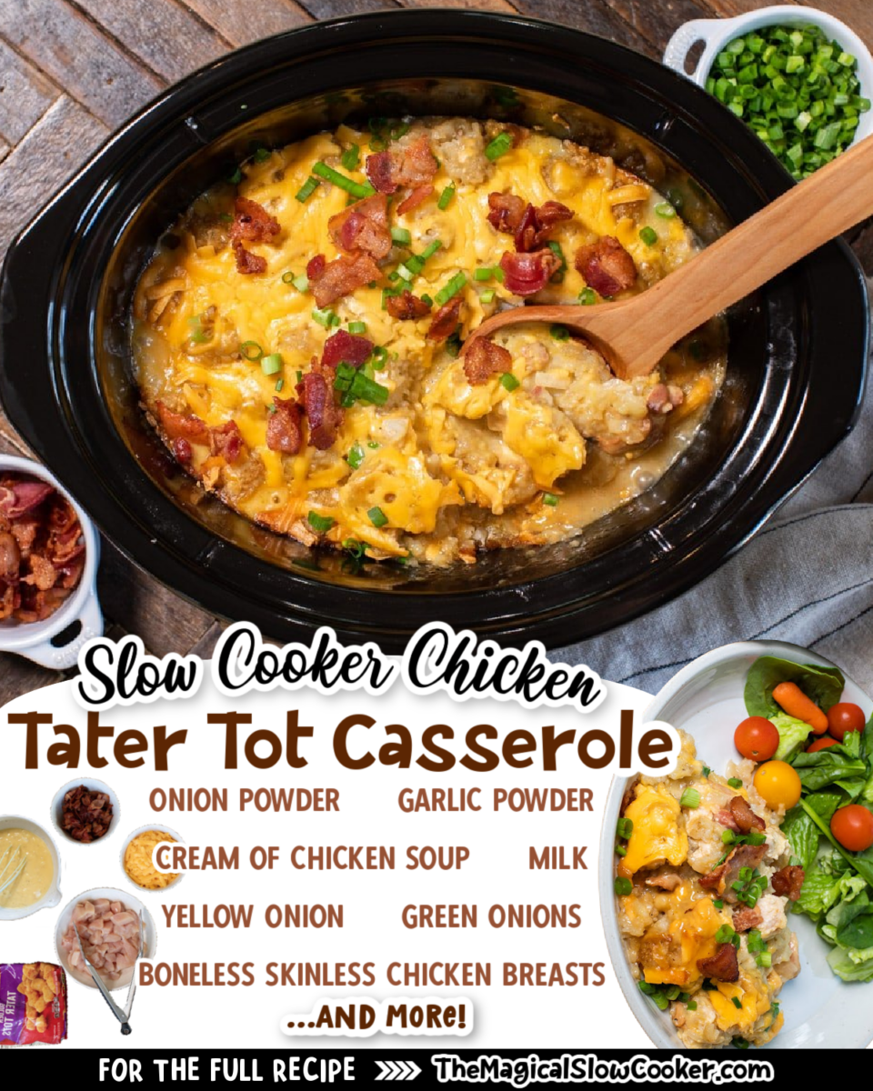 collage of tater tot casserole with text of ingredients.