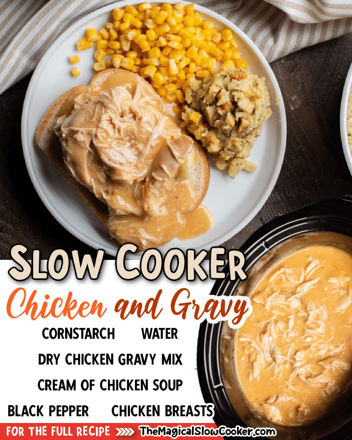 Collage of chicken and gravy images with with text of ingredients.