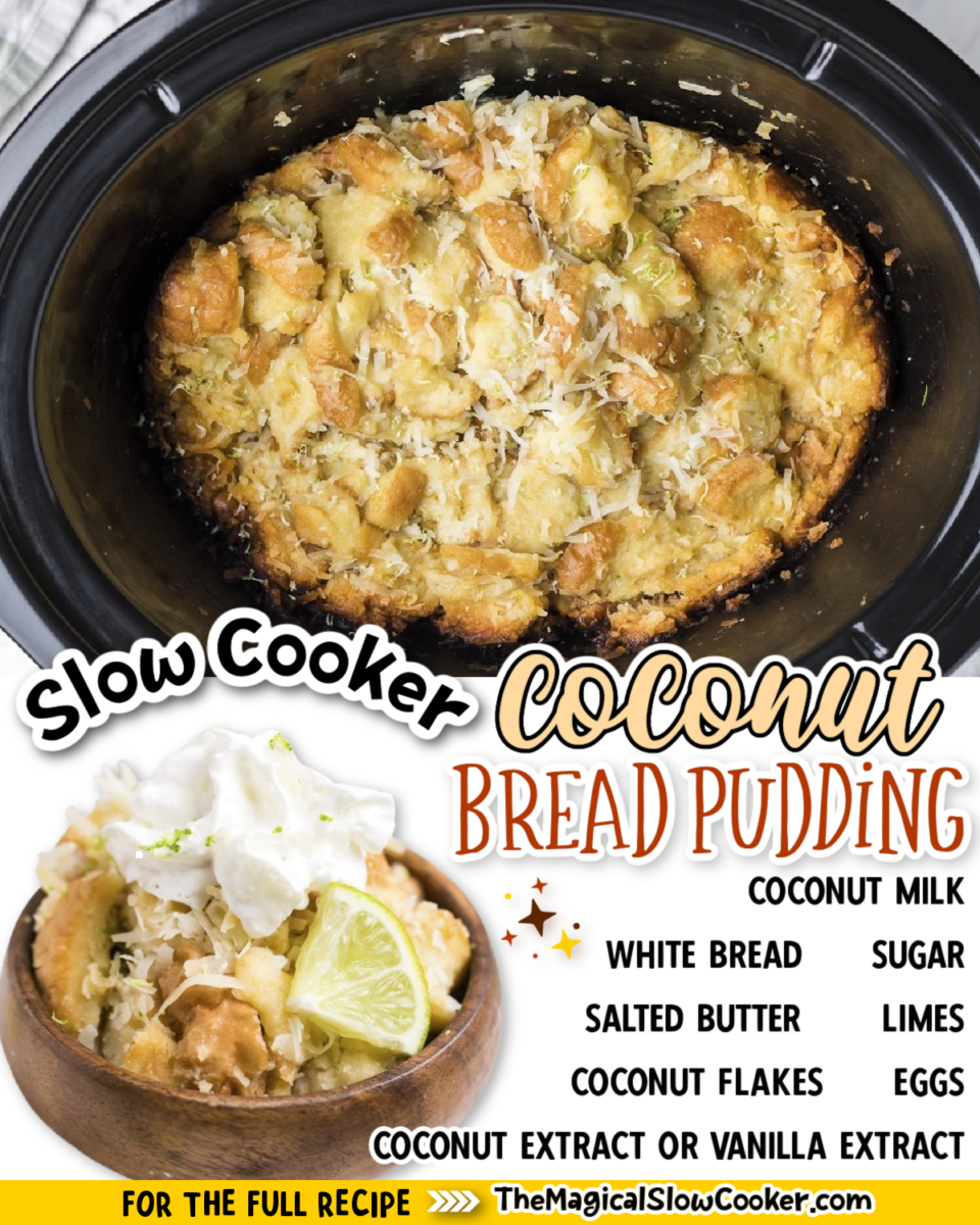 collage of coconut bread pudding images with text of ingredients.