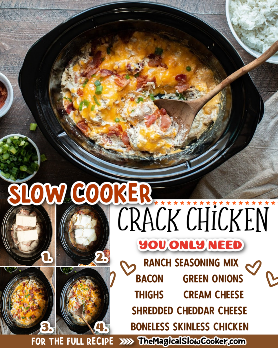 collage of crack chicken images with text of ingredients.
