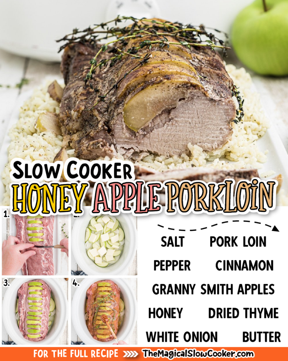 honey apple pork loin images with with text of ingredients.