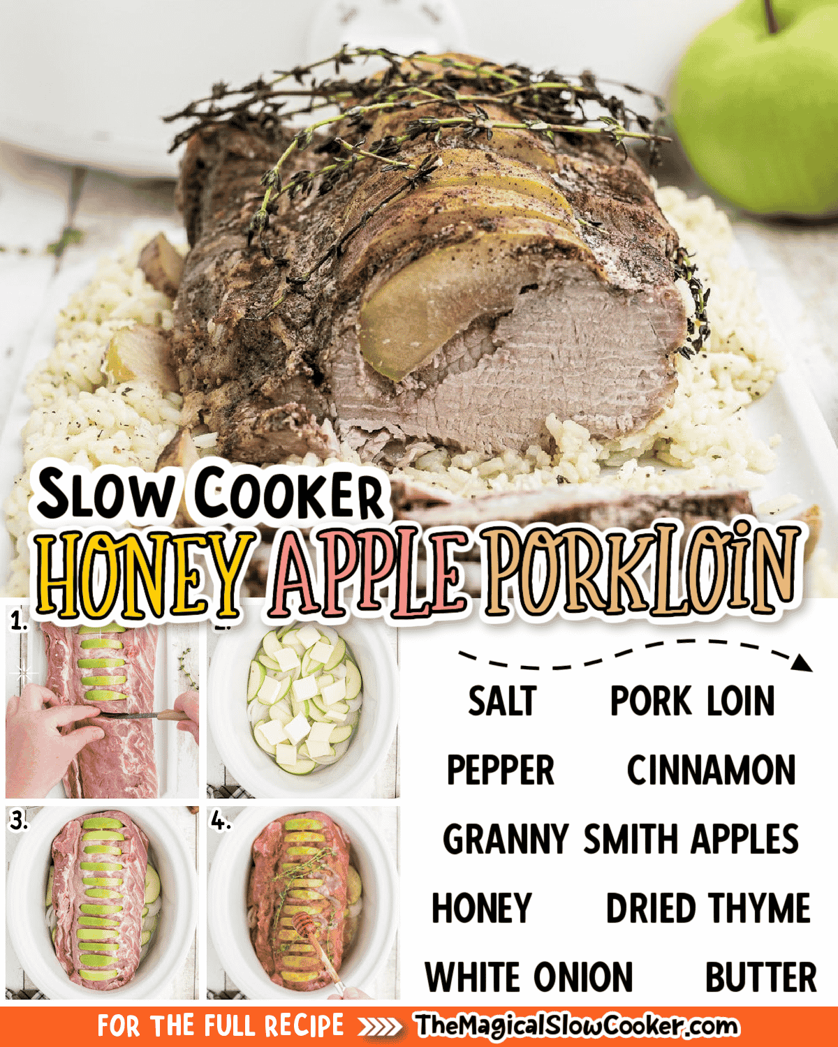 honey apple pork loin images with with text of ingredients.