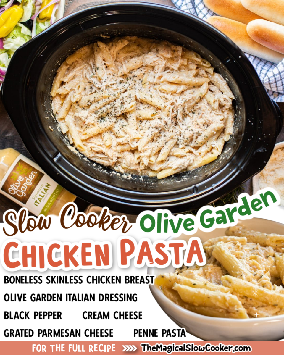 collage of olive garden chicken pasta images with text of ingredients.