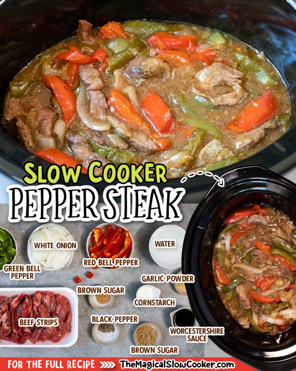 collage of pepper steak images with text of ingredients.