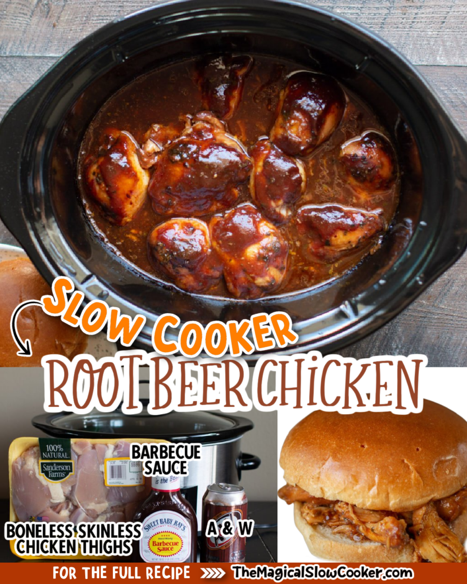 Collage of root beer chicken images with text of ingredients.