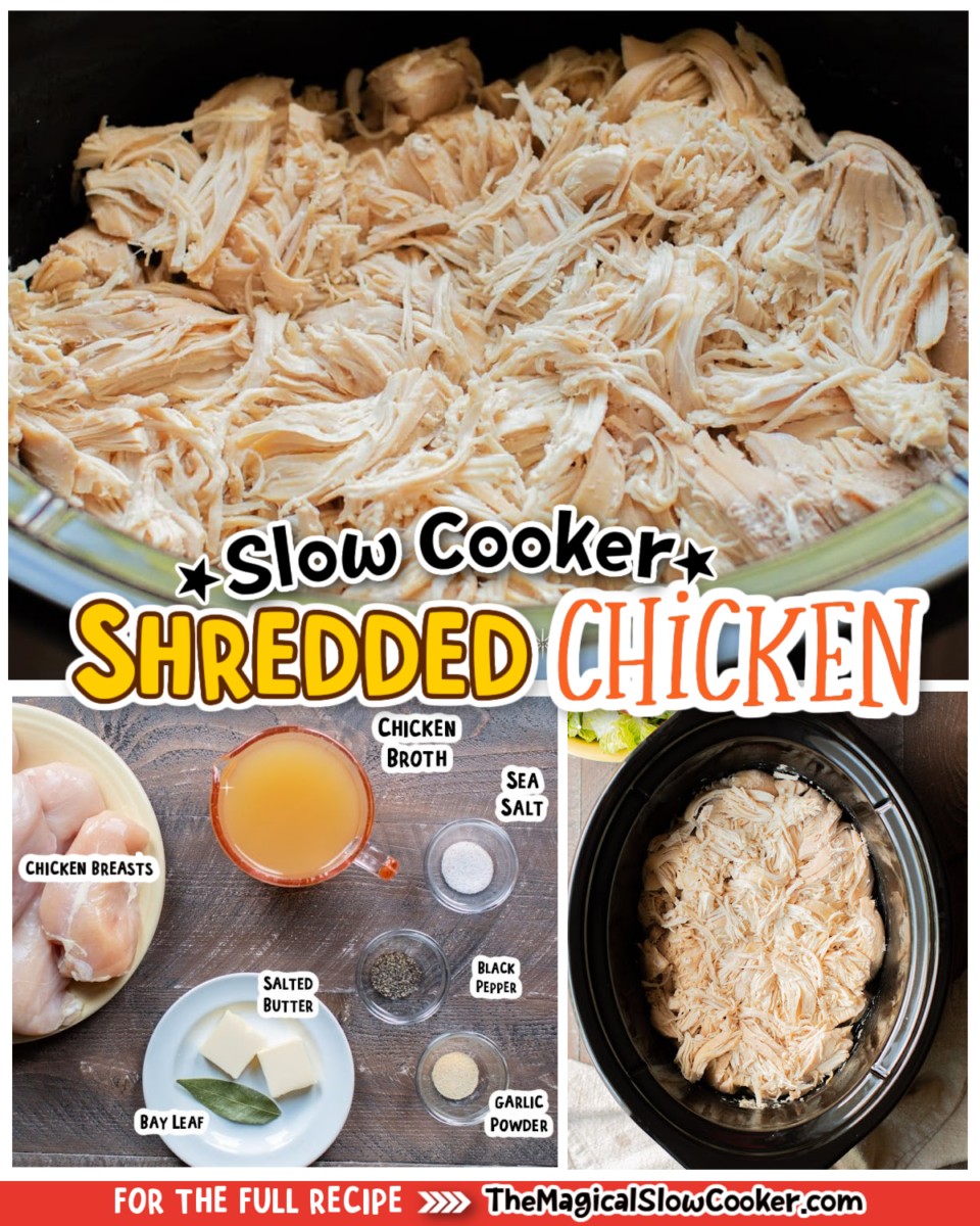 collage of shredded chicken images with text of ingredients.