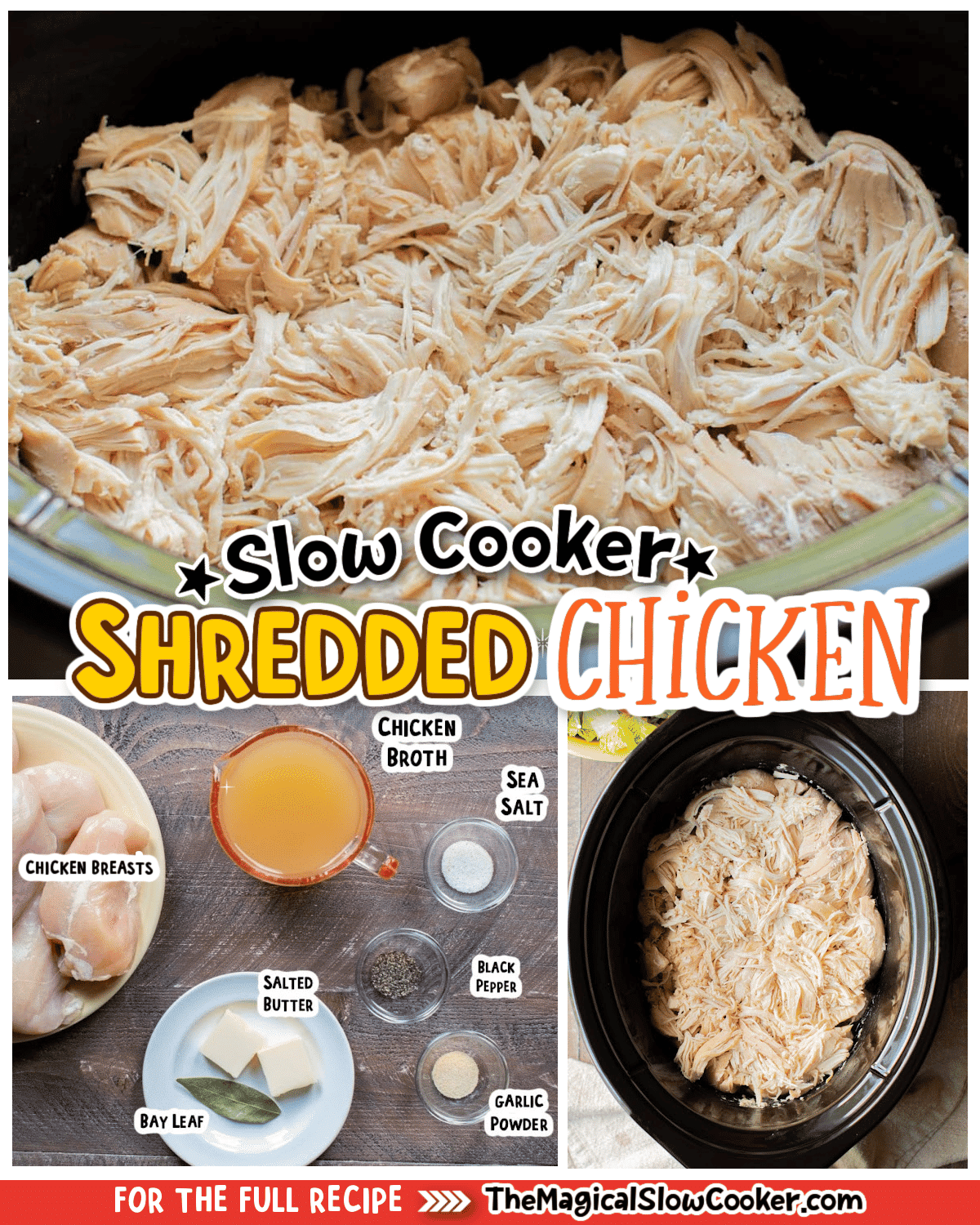 collage of shredded chicken images with text of ingredients.