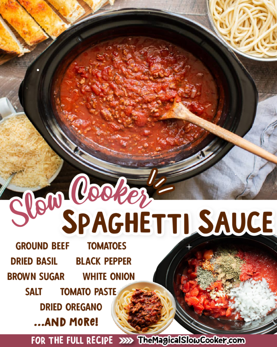 Collage of spaghetti sauce images with text of ingredients.