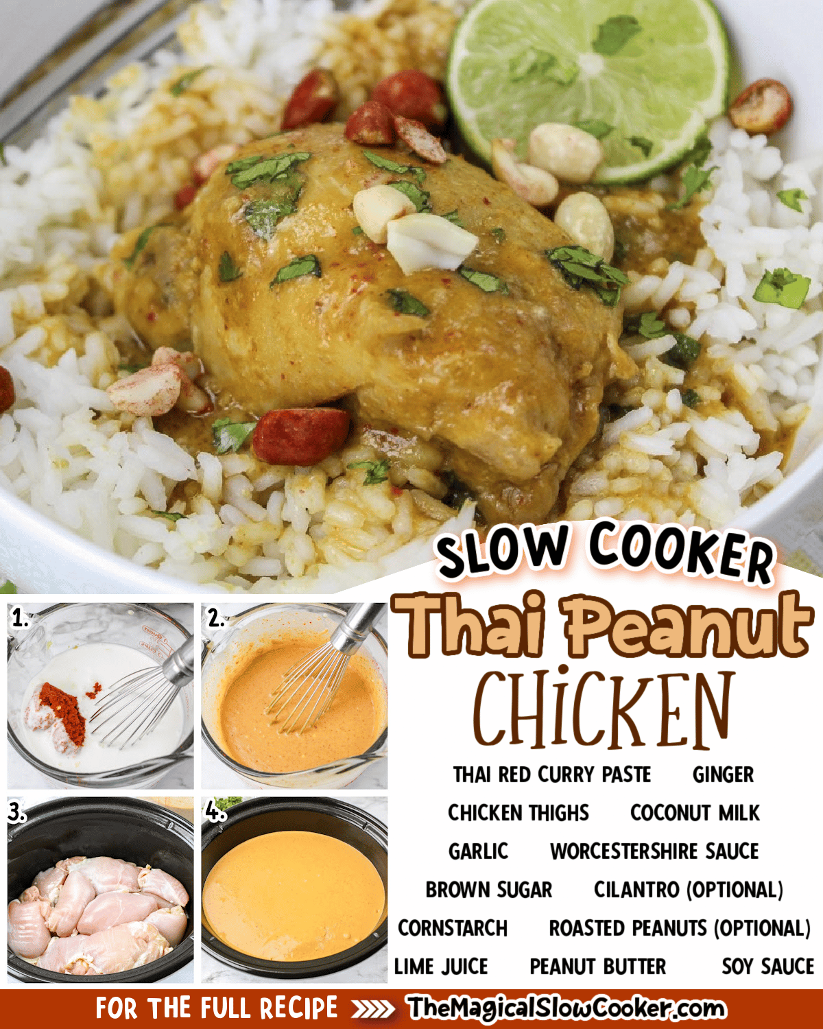 Thai peanut chicken collage of images with text of ingredients.