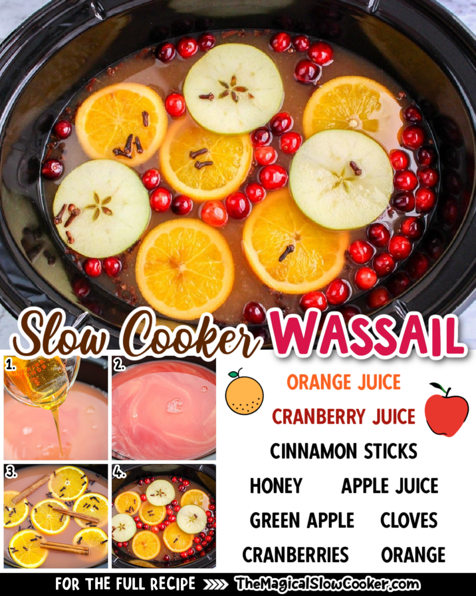 Collage of wassail images with text of ingredients.