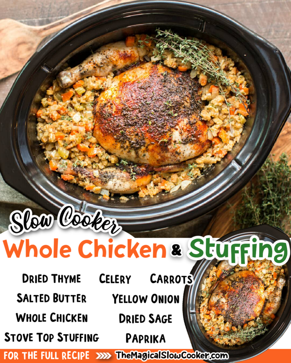 Whole chicken and stuffing images with text of ingredients.