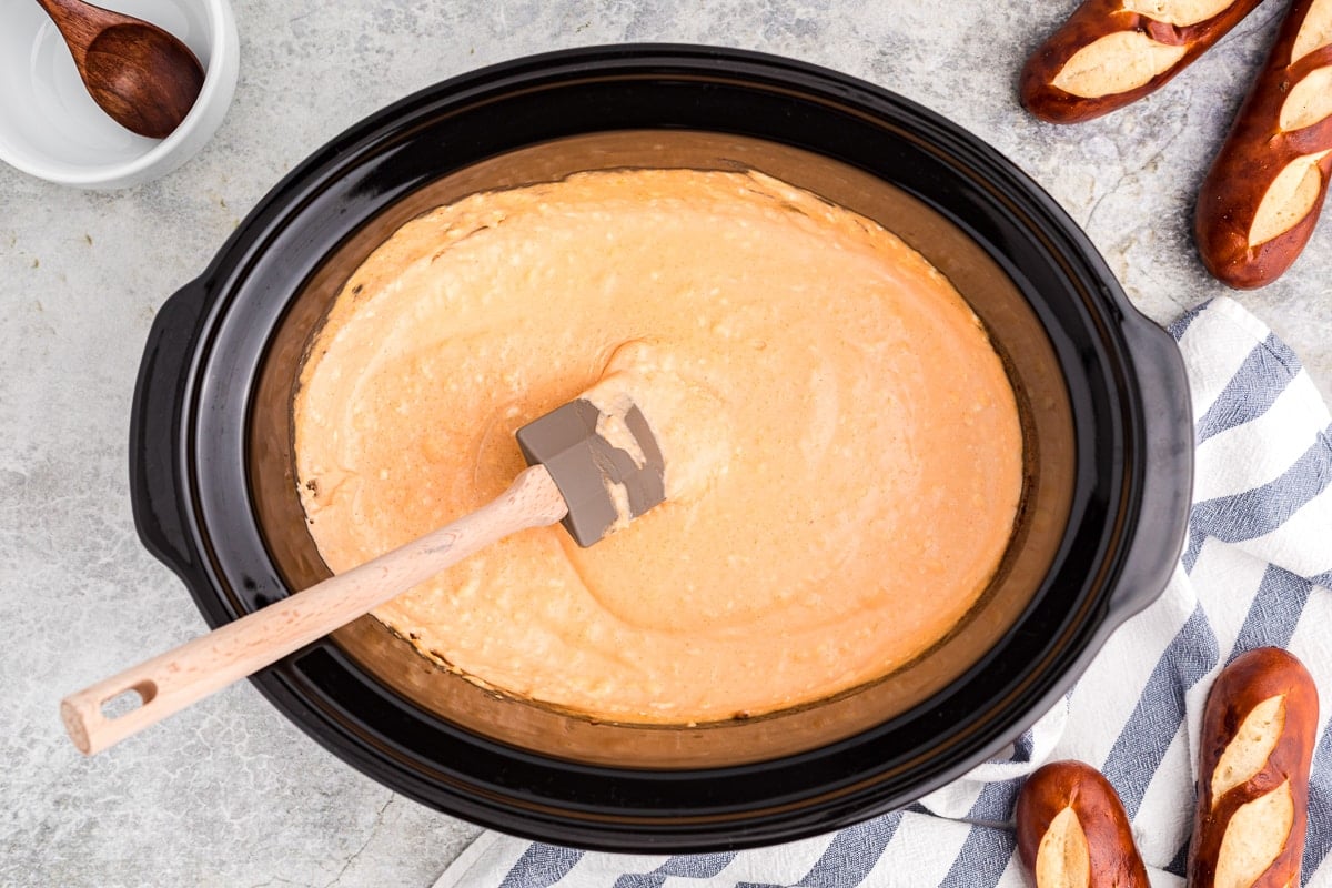 Overhead shot of cooked beer cheese dip.