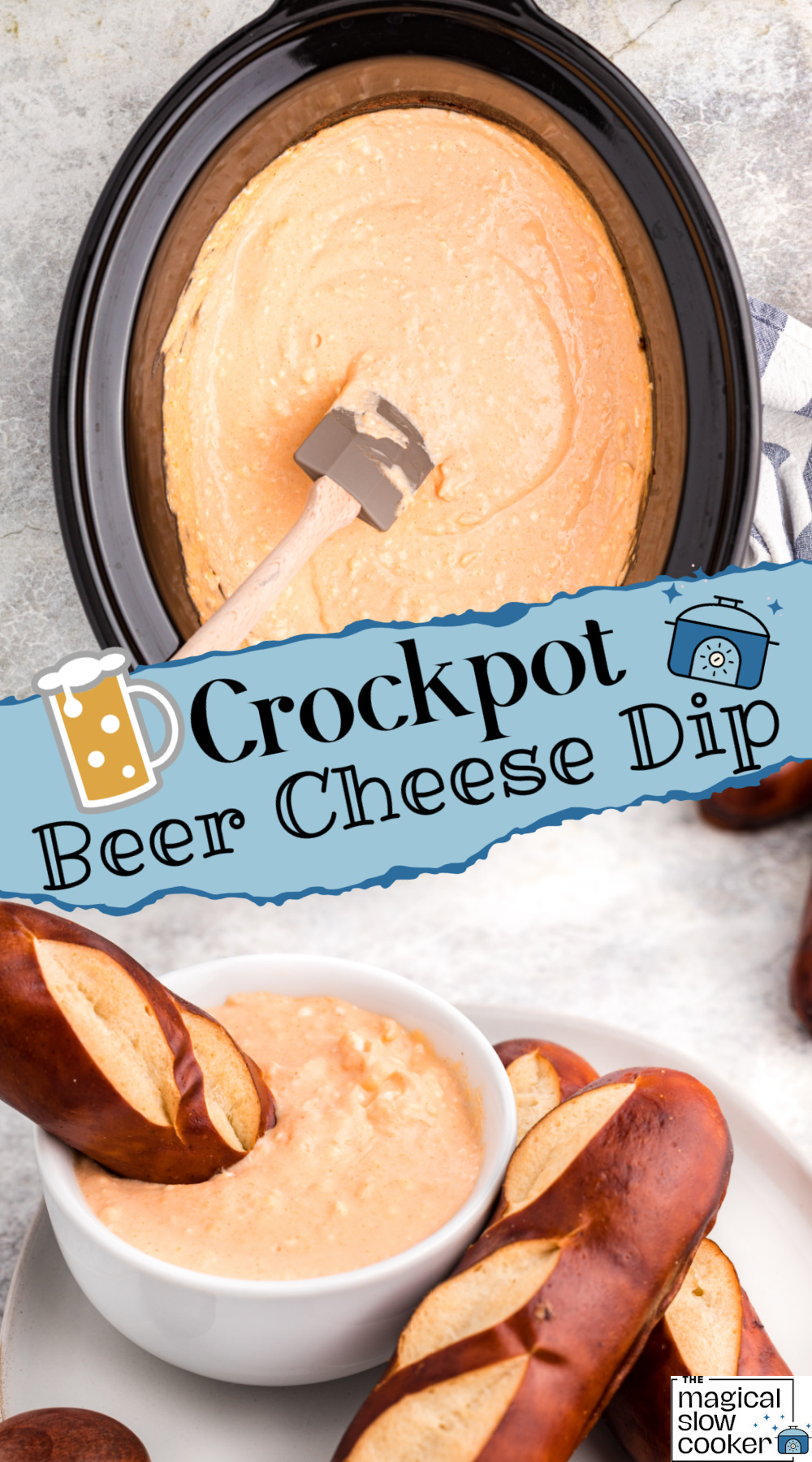 beer cheese in a crockpot and in a bowl with pretzel sticks.