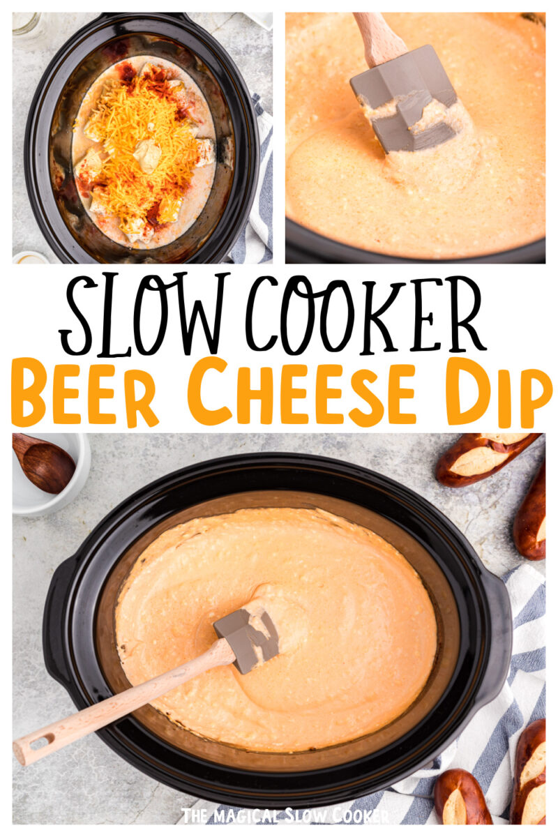 collage of beer cheese dip ingredients with text overlay for pinterest.