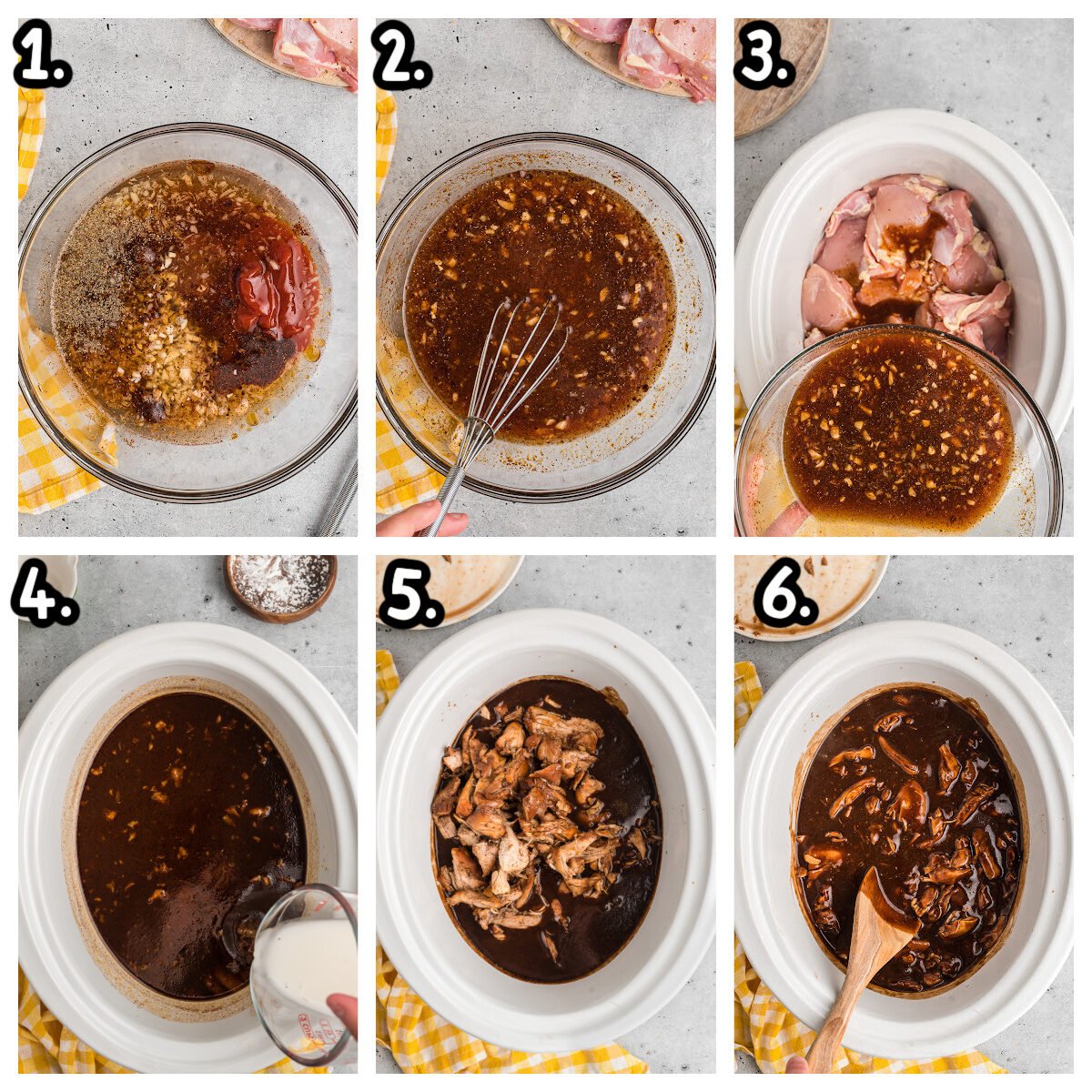 6 images on how to assemble bourbon chicken in a slow cooker.