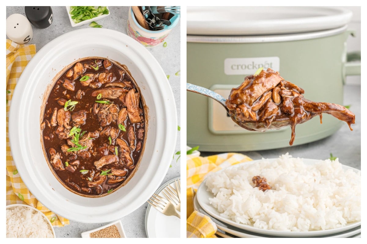 2 images of bourbon chicken, one in slow cooker and one on a spoon.