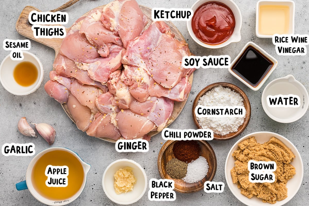 ingredients for bourbon chicken on a table.