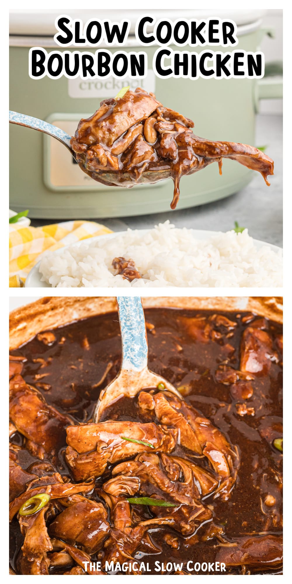 2 images of bourbon chicken with text.