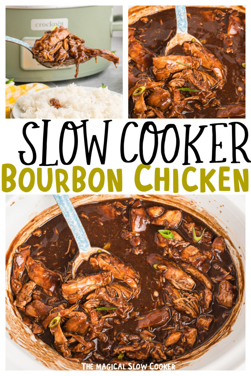 collage of bourbon chicken images with text overlay for pinterest.
