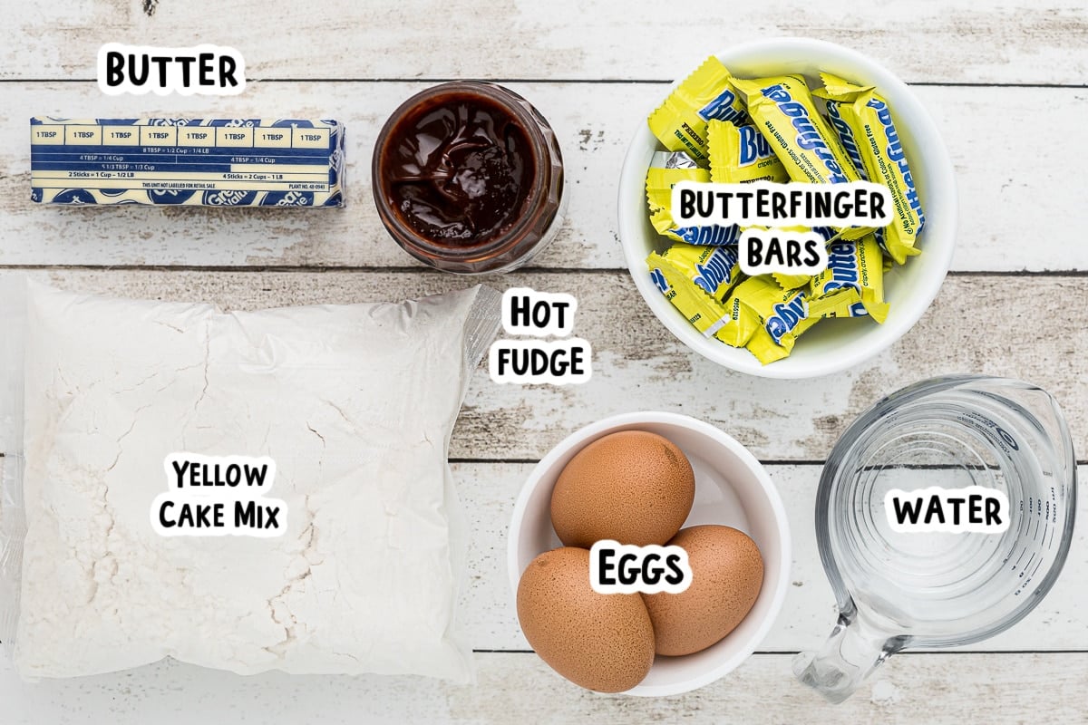 ingredients for butterfinger cake on a table.